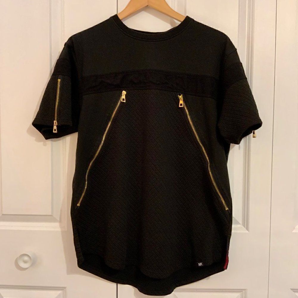 Makobi Men’s Black Short Sleeve Gold Zipper Crew Neck Top Large Urban